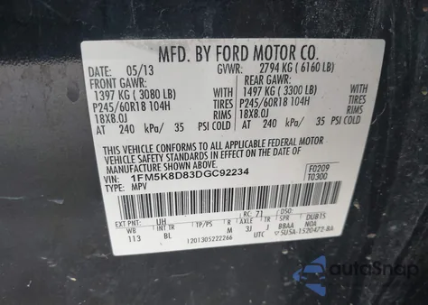 2013 Ford Explorer Xlt из США, поврежденный, VIN 1FM5K8D83DGC92234